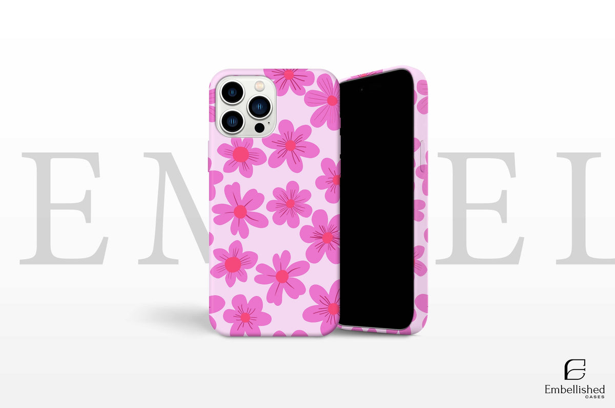 Durable floral pink flower tough phone case for iPhone with shock absorption and wireless charging support