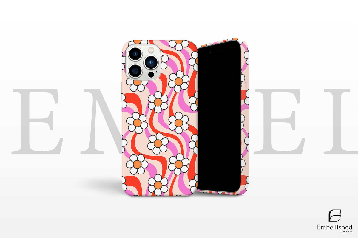 Tough vibrant floral pattern phone case for iPhone and Samsung with colorful daisy design and durable protection