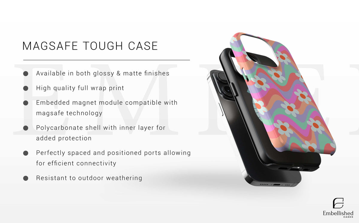 Tough vibrant floral pattern phone case with MagSafe compatibility for iPhone and Samsung models, durable polycarbonate shell and glossy finish.