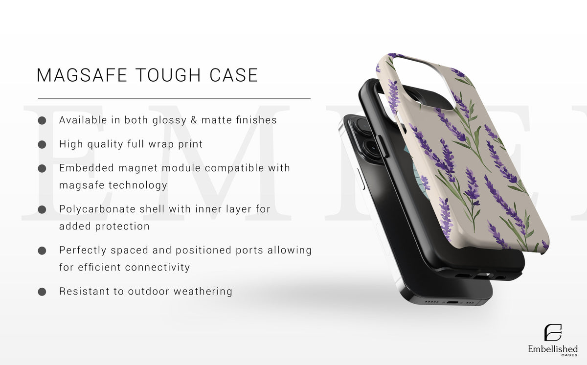 Vintage botanical phone case with lavender design for iPhone and Galaxy, durable and MagSafe compatible botanical phone cases.